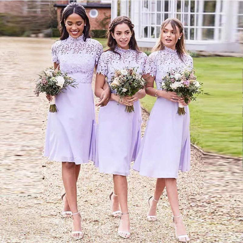 Lavender High Neck Average Bridesmaid Dress Cost With Short Sleeves And Lace Detailing Customizable Knee Length Formal Party Gown 2018 From Yateweddingdress 75.38 DHgate.Com