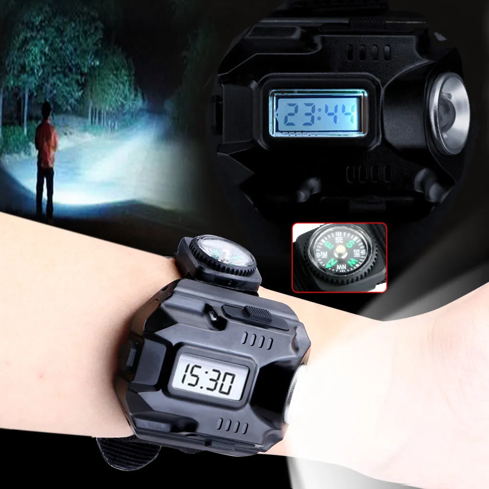 Powerful Led Flashlight Tactical CREE LED 1000 Lm Display Rechargeable Wrist Watch Flashlight Waterproof Torch With Mini Compass From 11 24 DHgate