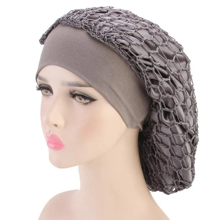 Fascia per capelli da donna New Satin Hair Net Cap Elastico Berretto da notte a tesa larga Cappello da chemio MESH BONNET Accessori per capelli 6 colori