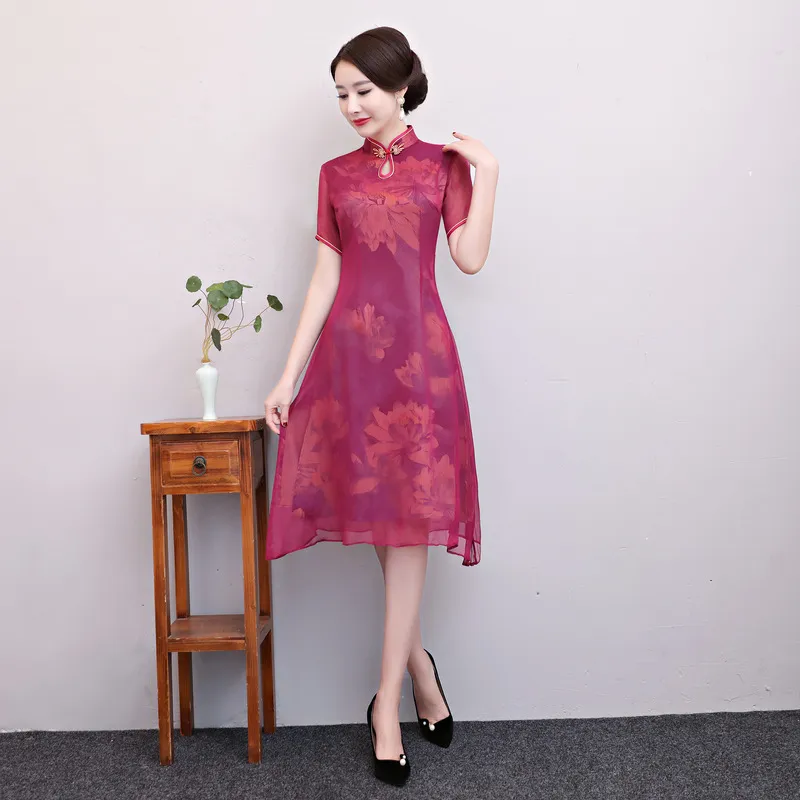 Silk Sukienka Kobiety Szyfonowy Kwiatowy Drukuj Chiński Tradycyjny Sukienka Z Długim Rękawem Cheongsam QIPAO Chińskie Orientalne Długie Suknie