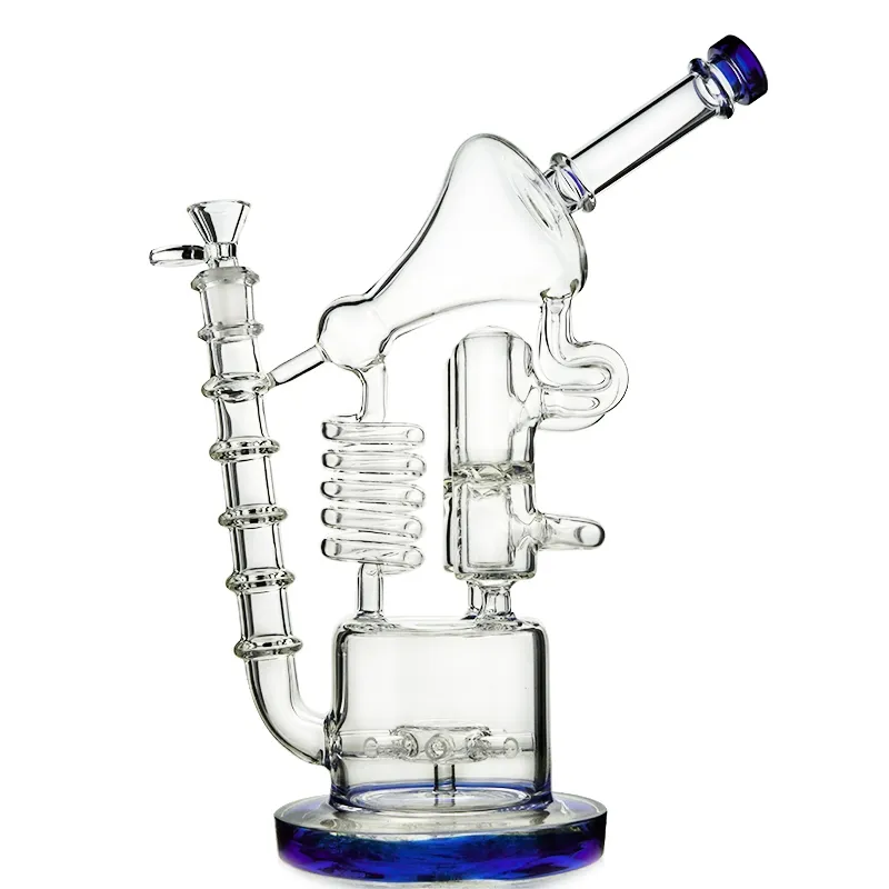 12 tums glas Bong Recycler Hookah Blå Grön Heady Vattenrör 14mm Kvinna Joint Matrix Big Bongs Sidecar Oil Dab Rigs WP558