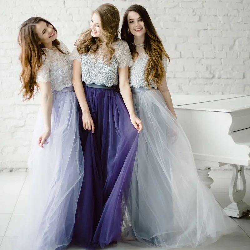 Country Chic: Jewel Neck Lace lavender grey bridesmaid dresses with Short Sleeves - Perfect for Weddings and Special Occasions