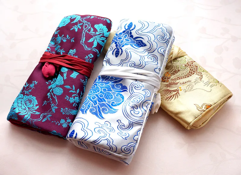 Folding Luxury Silk Brocade Jewelry Roll n go Cosmetic Bag Travel Ladies Drawstring Makeup Storage Bag Pouch