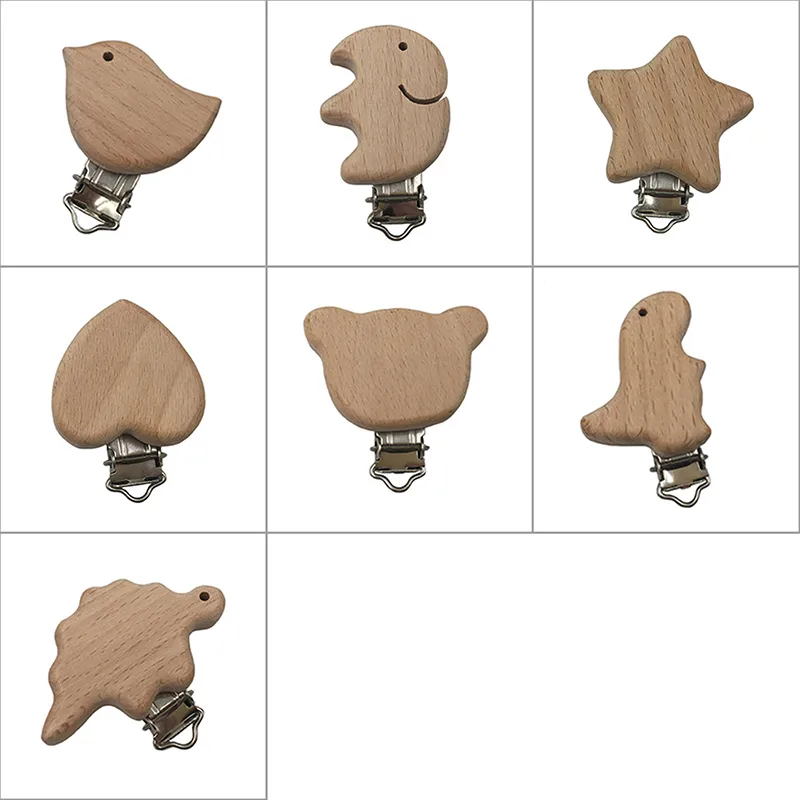 Natural Wood Baby Pacifier Clip Holders Bird Heart Bear Shape Wooden Clips Soother Infant Dummy Clasps Holder Accessories