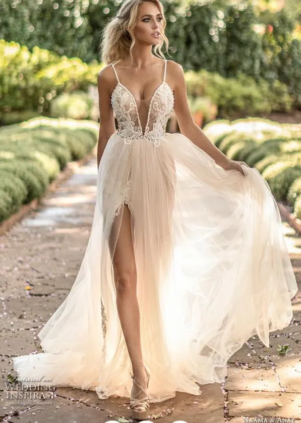 Champagne Beach Wedding Dress Spaghetti Lace Appliques Sexy Backless Side Split A Line Bridal Gown Tulle 2024