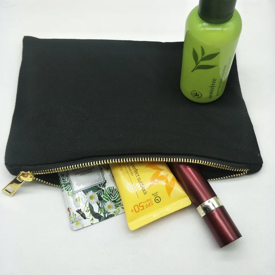 Black Canvas Makeup Bags With Gold Zipper, 7x10in 12oz Cotton Cosmetic ...