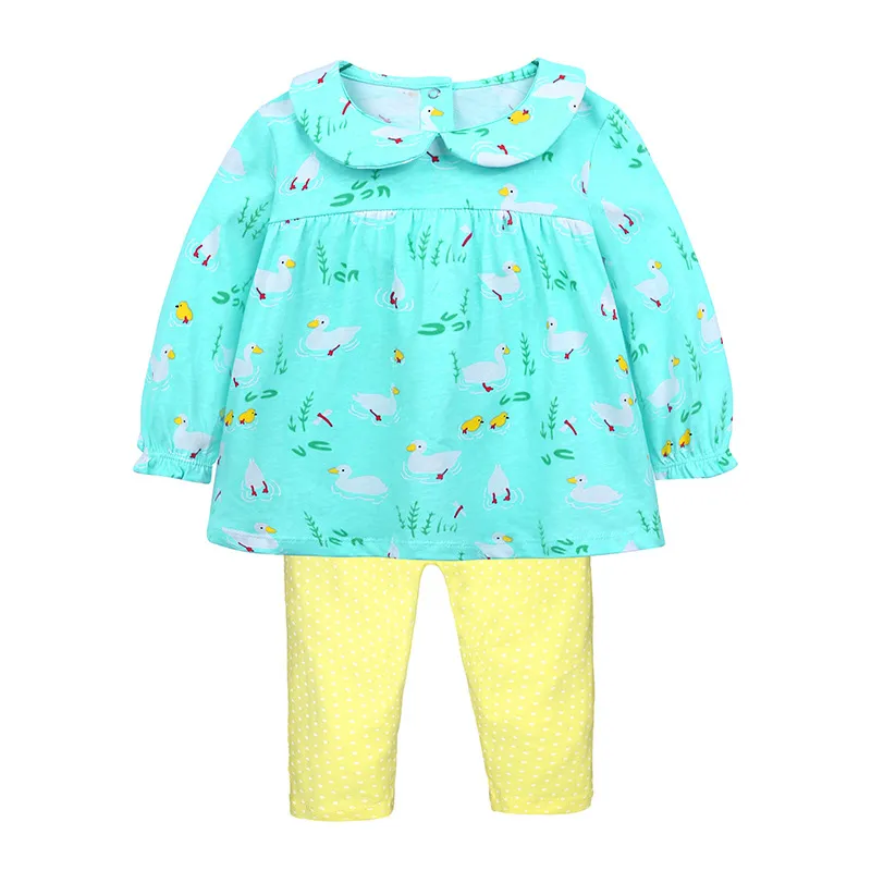 Butik Çocuk Giyim Setleri 2018 Sonbahar Pamuk Bebek Kız Giysileri ördek Baskı Tam Kollu Üstleri T gömlek + Nokta Pantolon 2 Adet Kız Kıyafetler 2-7Y