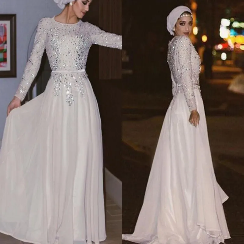 Long Sleeves Muslim 2018 Evening Sequins Chiffon Arabic Abaya Party Floor Length Back Zipper White Prom Dresses
