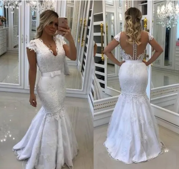 Vestidos de noiva com saia destacável bainha curta mini v vestido de noiva sereia ilusão de sereia volta pérolas lace apliques vestidos nupciais