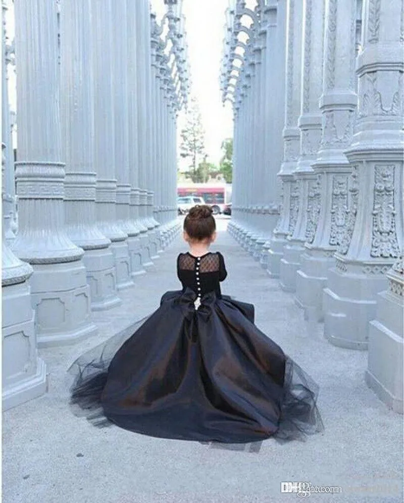 Lange mouwen kleine meisjes Pageant jurken zwart hoge lage juweel bloem meisje jurken voor tieners formele heilige communie jurken