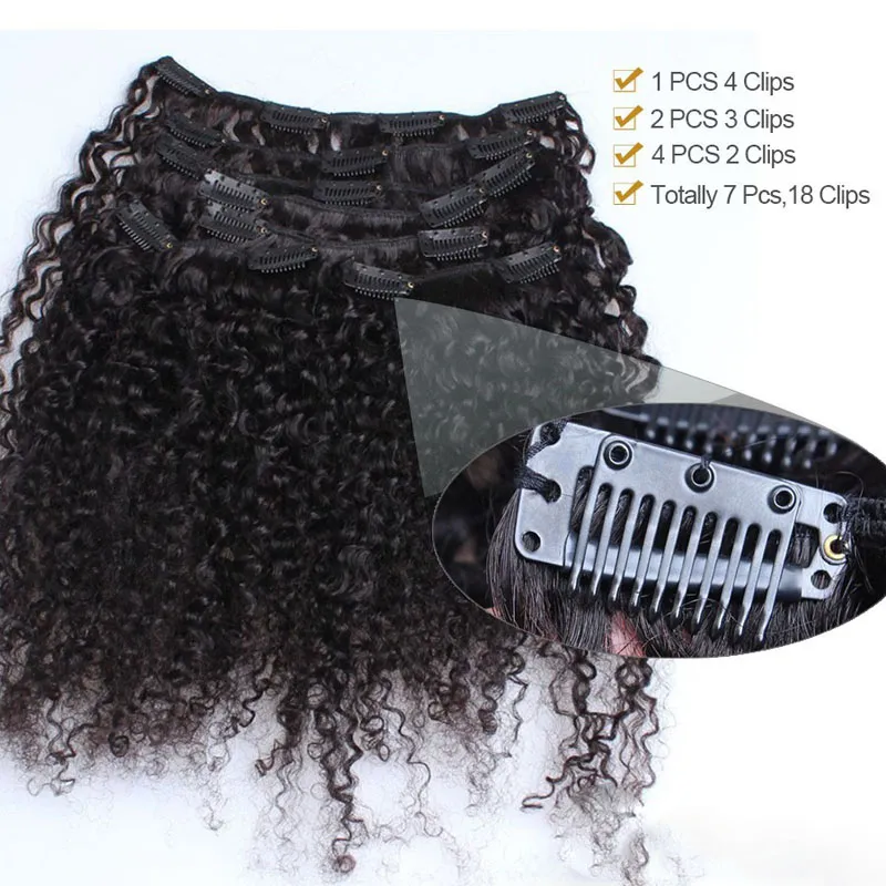 100g 7 pezzi / set Brasiliano Kinky Clip riccio in estensioni dei capelli 100% vergine capelli umani colore naturale 4b 4c