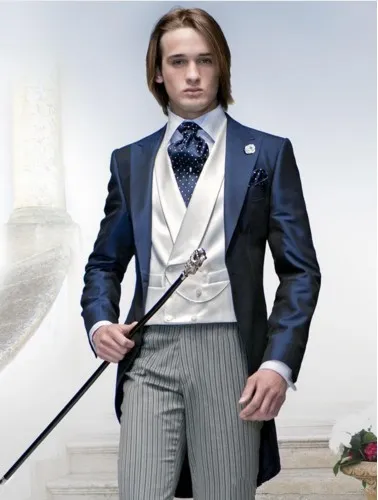 Nova Chegada-Custom Made Pico Lapela Azul Tailcoat Men Partido Groomsmen Ternos em Casamento Smoking (Jacket + Pants + Tie + Vest) NÃO; 307