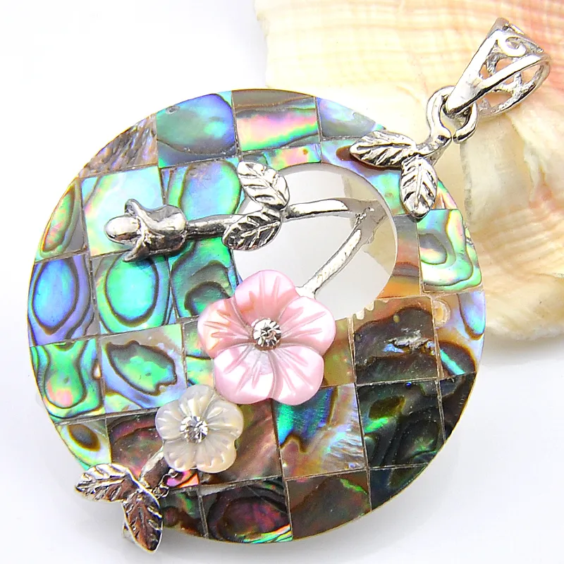 LuckyShine Round Natural Abalone Shell Hangers 925 Sterling Verzilverd Vrouwen Bloem Hanger Sieraden Unisex 1.5 