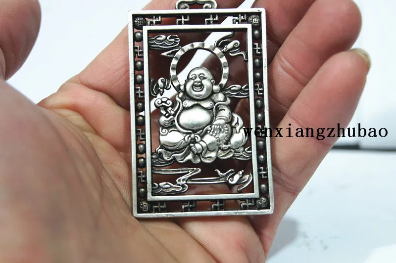 Antiek wit koper amulet met een dubbelzijdige glimlach Boeddha hanger. Lucky Necklace hanger.