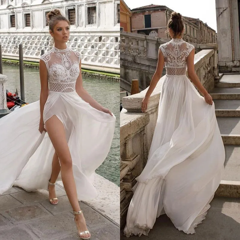 Julie Vino 2019 Robes De Mariée Hautes Fentes Bohême Sexy Dentelle Appliqued Robes De Mariée Une Ligne Robe De Mariée De Plage