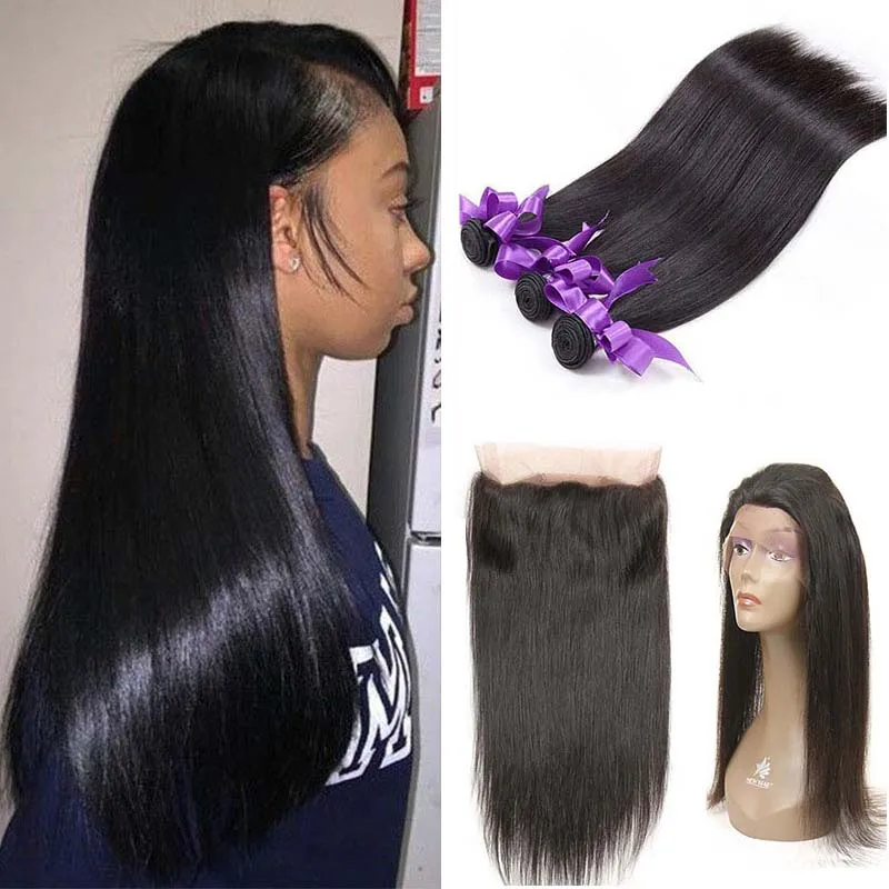 Cabelo Virgem brasileiro Tecer Cabelo Liso 360 Rendas Frontal com 3 Pacotes 100% Não Transformados Brasileiro Virgem Extensões de Cabelo Humano ofertas