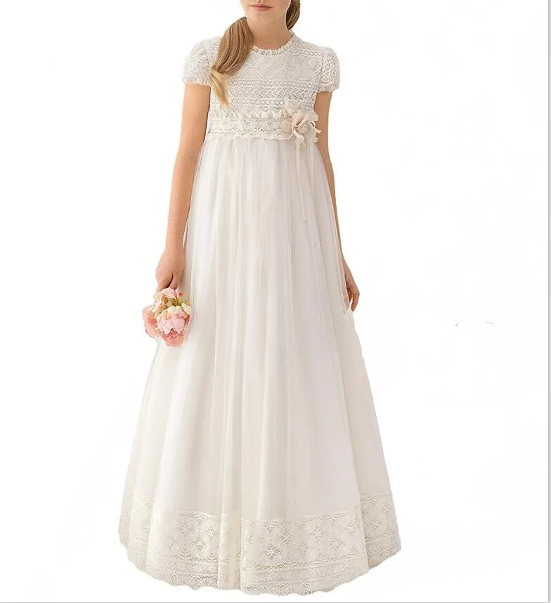 Newest Handmade Lace White Chiffon Girls Pageant Dress 2023 Girl First Communion Dress Kids Formal Wear Flower Girls Dresses for Wedding