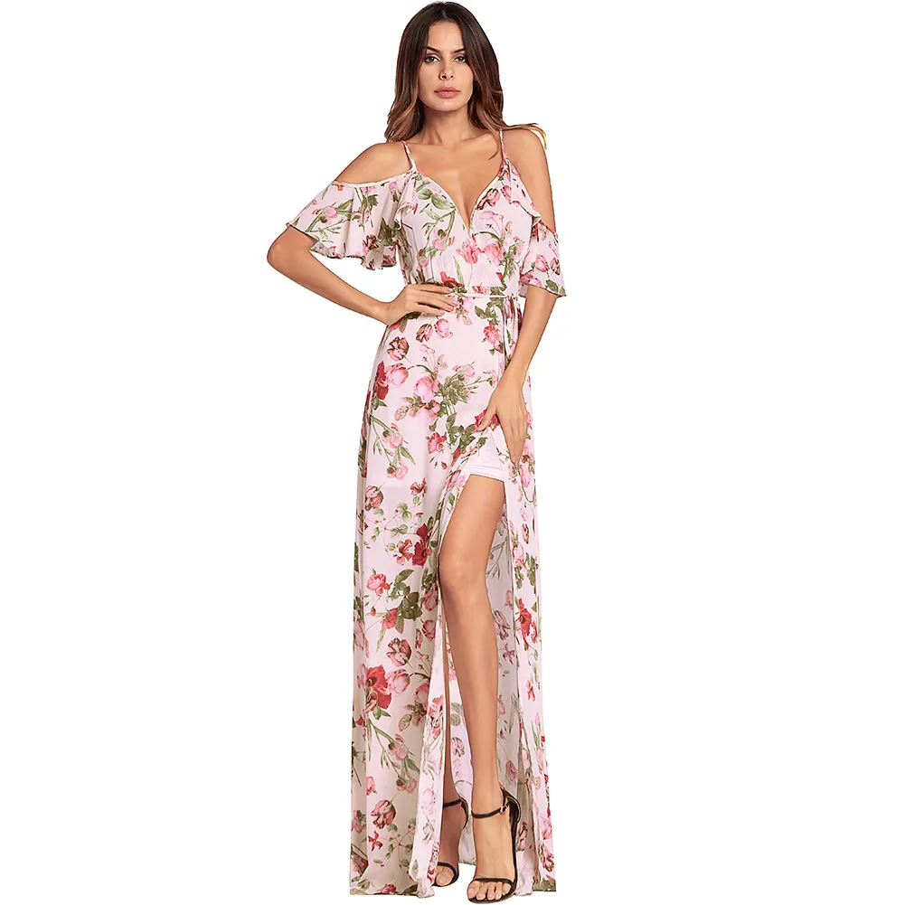2022 Summer Floral Print Long Beach Dress Sexy Backless V Neck Split Dresses 2022 Summer Floral Print Long Beach Dress Sexy Backless V Neck Split Dresses