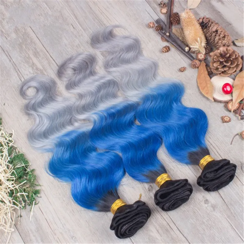 Dreifarbige menschliche Haarwebart mit Spitzenverschluss 1b Blaugrau Ombre Menschenhaarbündel mit Spitzenverschluss 4*4 Babyhaar