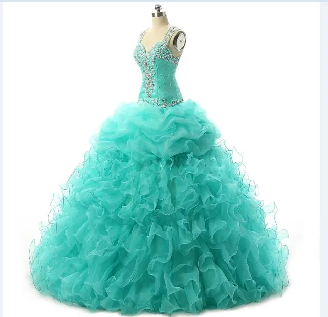 Real Photo Hollow Back Turq Quinceanera Dress 2018 Cheap With Straps Ruffle Organza Ball gown Prom Dress Evening Party Gowns