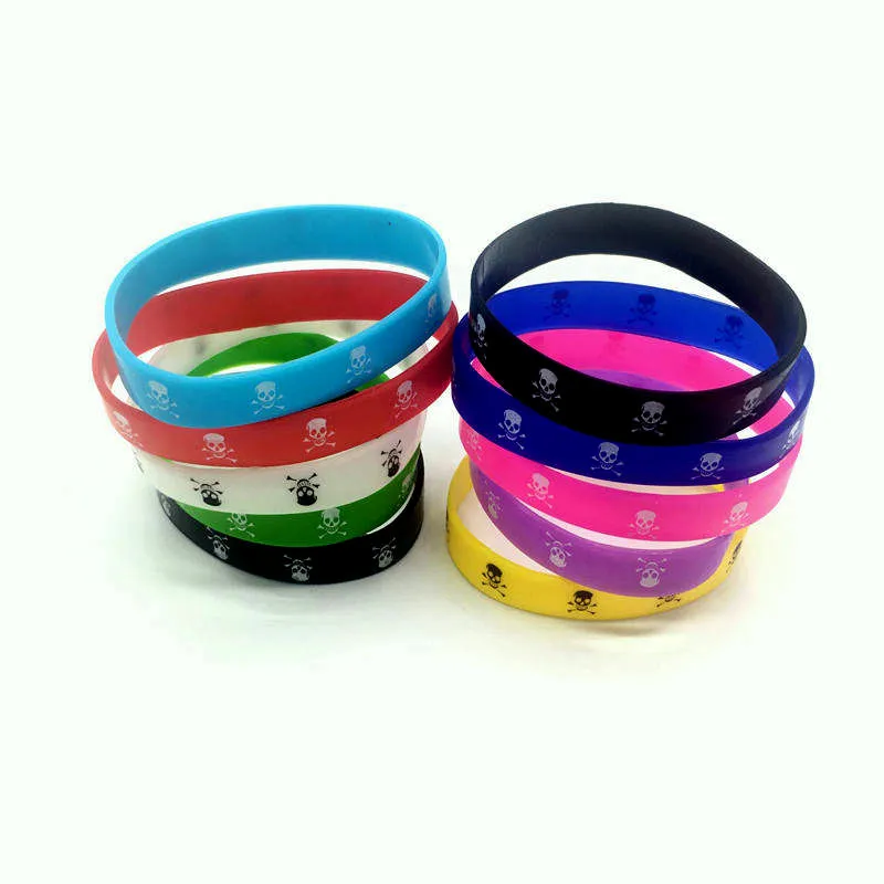 New 100pcs letters Print Elastic skull jelly Silicone Bracelet Trendy Rubber Elasticity Wristband Mixed colors wide Quality Gift