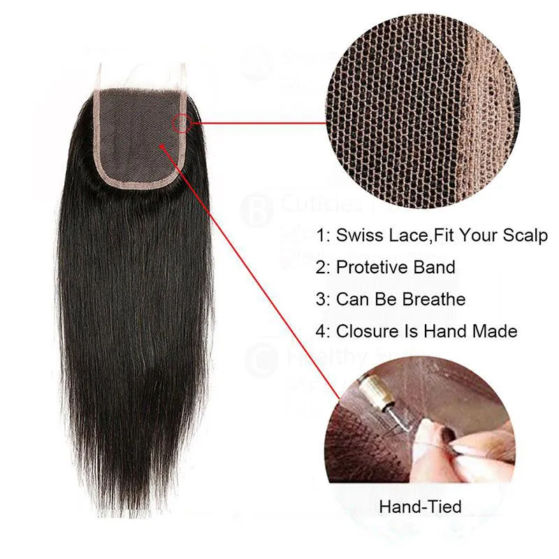 Braziliaans Menselijk Haar 3 Bundels met 4x4 Kantsluiting Onverwerkte Braziliaanse rechte Virgin Menselijk Haar Weave Extensions behandelt de sluiting