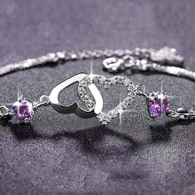 Female Amethyst Heart Bracelet S925 Silver Fashion Purple Diamond White Diamond Jewelry Bracelet Wholesale Chain Length 16cm Extension 3cmcm