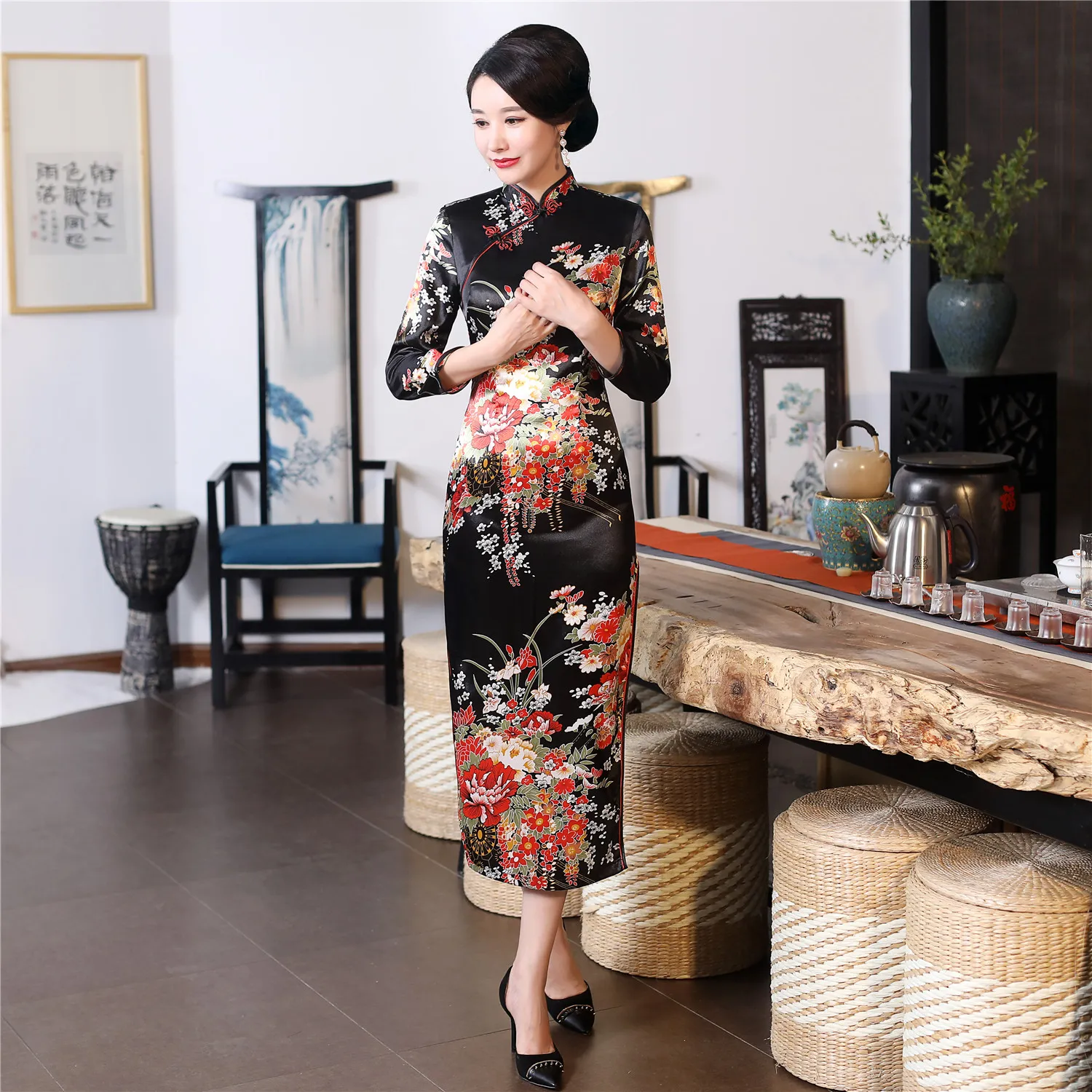 Szanghajska historia długie qipao kwiatowy cheongsam chińska tradycyjna sukienka z długim rękawem Faux Silk Long Chinese Dress244h