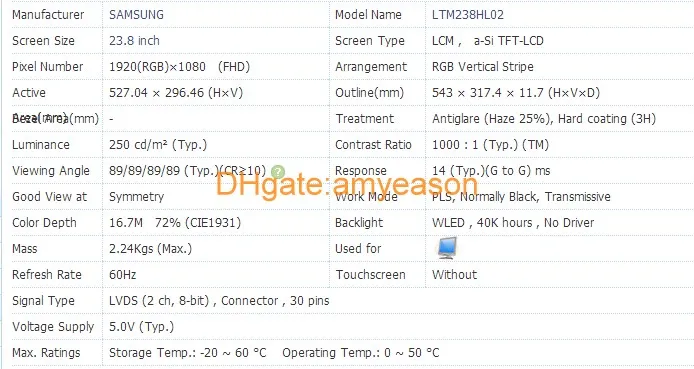 Oryginalny LTM238HL02 23.8Inch Rezolucja1920 * 1080 Wyświetlacz ScreenLTM238HL02 Wyświetlacz LCD