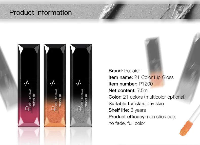 Pudaier Matte Vloeibare Lipsticks Lipgloss 21 Kleuren Professionele Moisturizer Lip Gloss 7.5ml DHL GRATIS