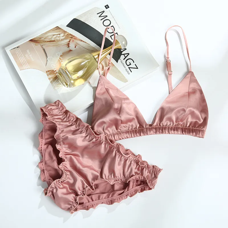 CINOON Bralette Drahtfreies Satin-BH-Set, dünne Dreieck-Cups, einfarbiger BH und Höschen-Set, Dessous-Unterwäsche, Damen-BH, Y18101502