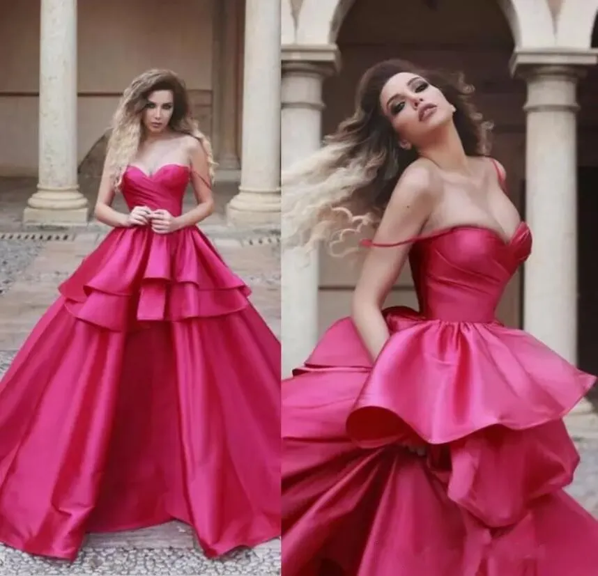 2019 fuchsia prom jurken lagen rok zijde satijn formele lange avondjurken spaghetti riemen meisjes pageant speciale gelegenheid jurk