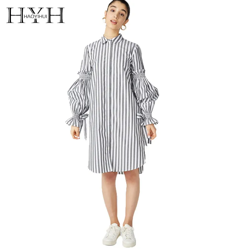 Hyh Haoyihui Striped Lanterns Cuff Shirt Klänning 2018 Sommar Höst Kvinnor Enkel Slips Pläterad College Style Knapp Uppfriskande