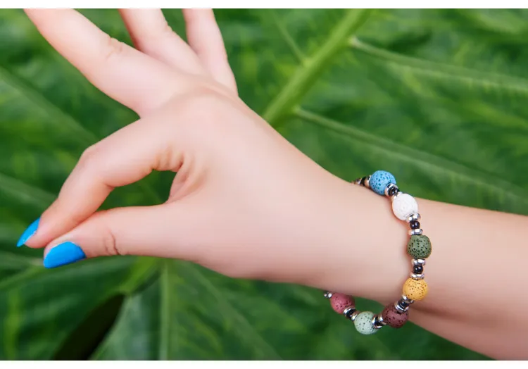 Mode bohème pierre de lave naturelle multicolore Bracelets Bracelets pour femmes bijoux argent plaqué huile essentielle diffuseur Bracelet