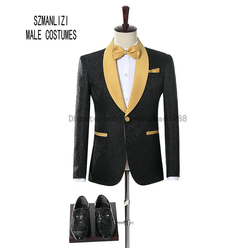 2018 Brand Groom Tuxedos Groomsmen One Button Black Flower Gold Shawl Lapel Custom Made Formal Groom Nosić mężczyźni ślub Smokciany garnitury ślubne