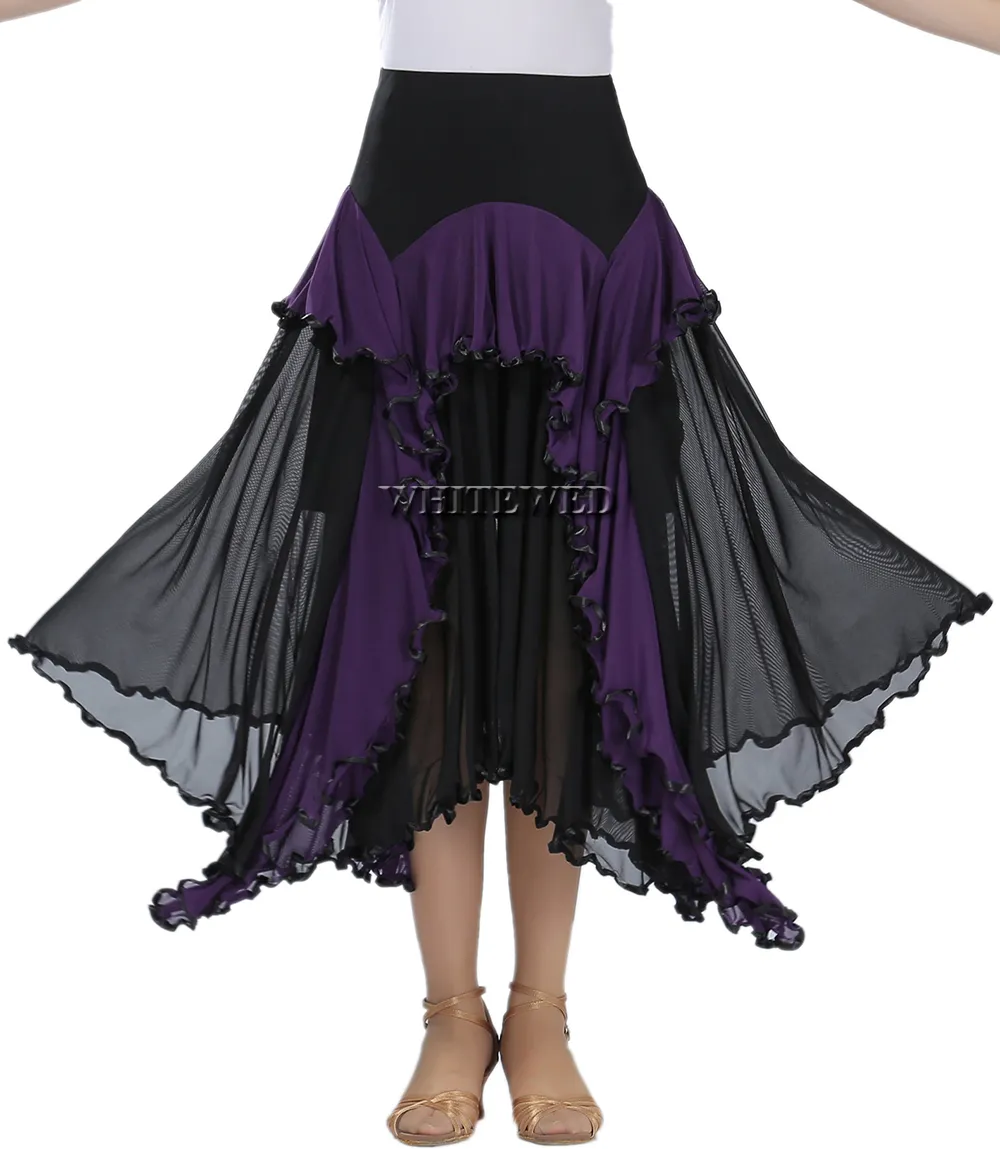 Ruche Full Circle Circular Waltz Ballroom Practice Dance Rok Lange Two Tone Ballroom Flamenco National Dance Practice Draag rokken Kostuums