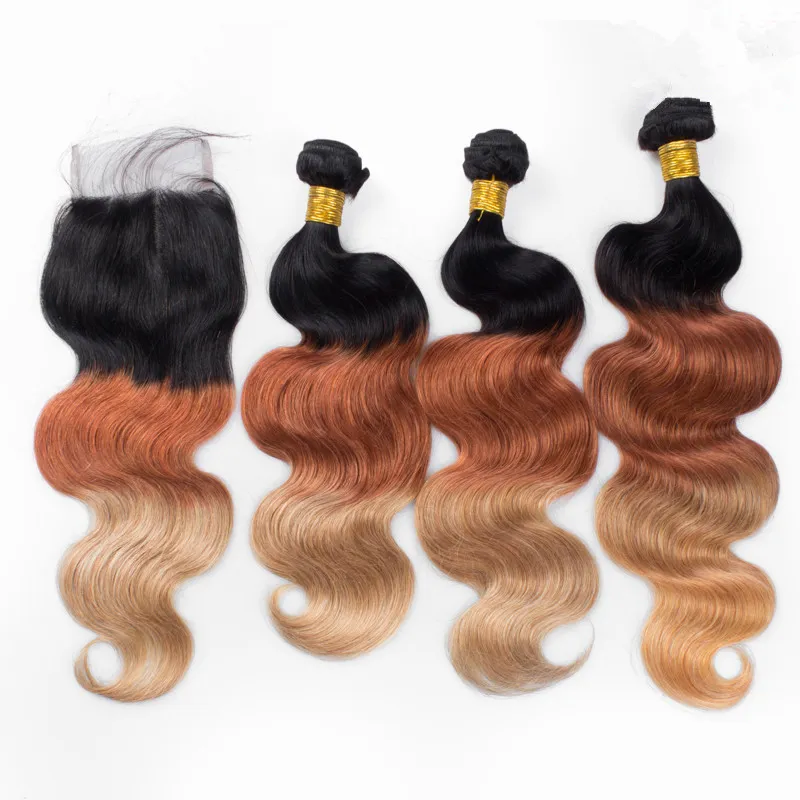 Virgin Peruvian Three Tone Ombre Human Hair Weaves with Closure Body Wave 1B/33/27 Honey Blonde Ombre 4x4 Lace Closure with Bundles