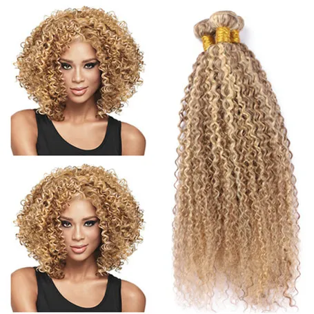 Piano mieszane 27613 Wskazówka dziewiczy indyjskie ludzkie włosy splaty 3pcs Kinky Curly Ombre jasnobrązowy i blond fortepianowe włosy ludzkie Bundl2239763