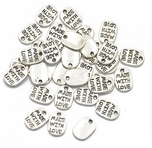 500pcs / lot liga encantos Oval Beads feito com amor encantos de prata antigo pendente para colar Jóias Fazendo descobertas 11x8mm
