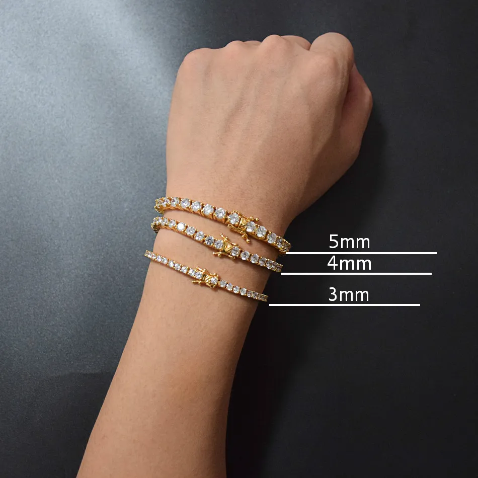 3mm 4mm Hommes Double A Zircone Cubique Tennis Bracelet Chaîne Hip Hop Bijoux Glacé Finition 1 Rangée Argent Or CZ Bracelet Link1670508