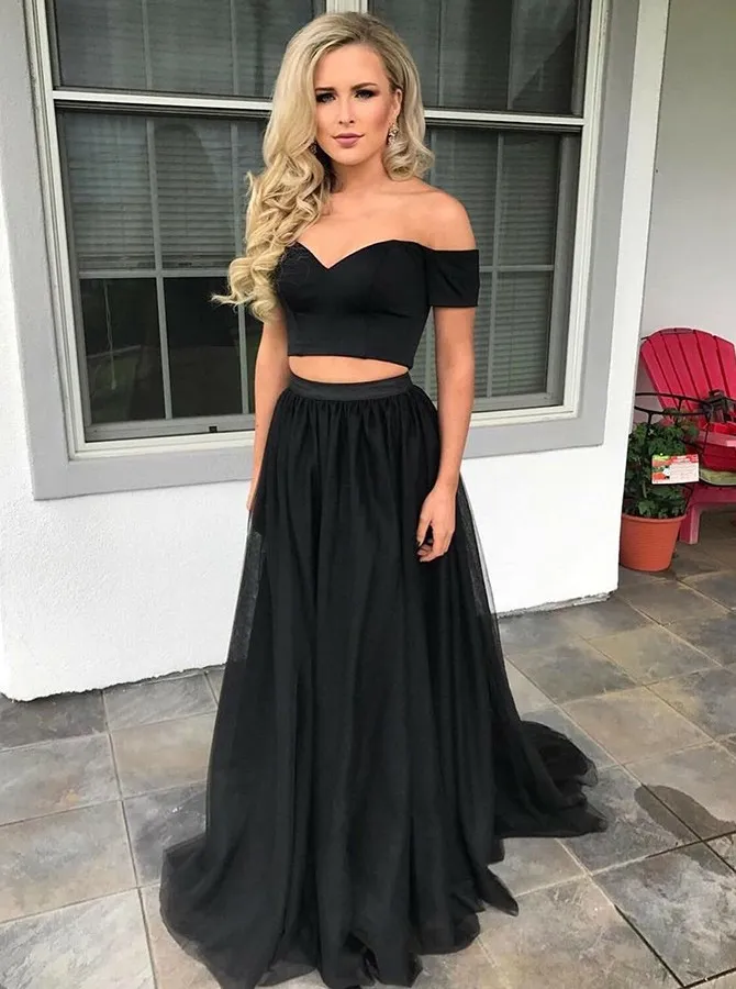 Sexy Black 2 Pieces Evening Formal Dresses For Women party Off the shoulder A line Tulle Ruched Simple Cheap Prom Dress Gowns New