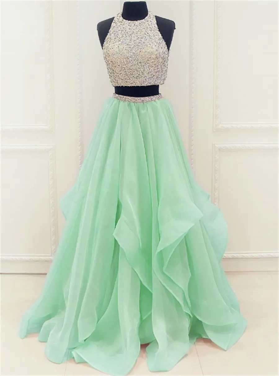 Mint Organza Ruffles Crystals Beading Sequins Two Piece Prom Dress A-line Cutout Back Long Evening Gowns