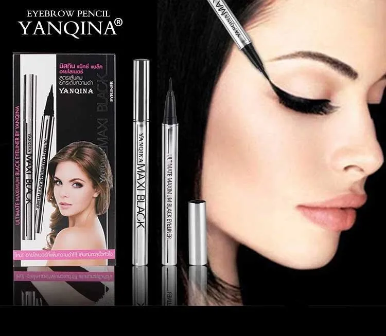 Yanqina svart långvarig flytande eyeliner penna Vattentät Smudge-korrekt kosmetisk skönhet makeup borste eyeliner gel penna
