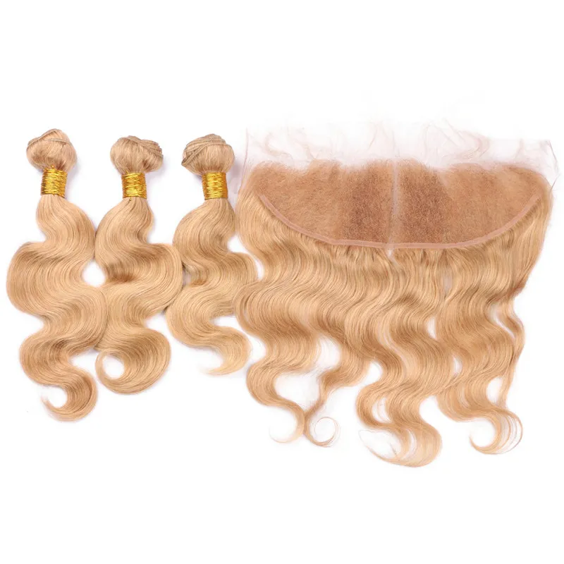 Kroppsvåg # 27 Jordgubb Blond brasiliansk Virgin Mänsklig Hårväv Bundle behandlar honung Blondin 13x4 Lace Frontal Stängning 4st