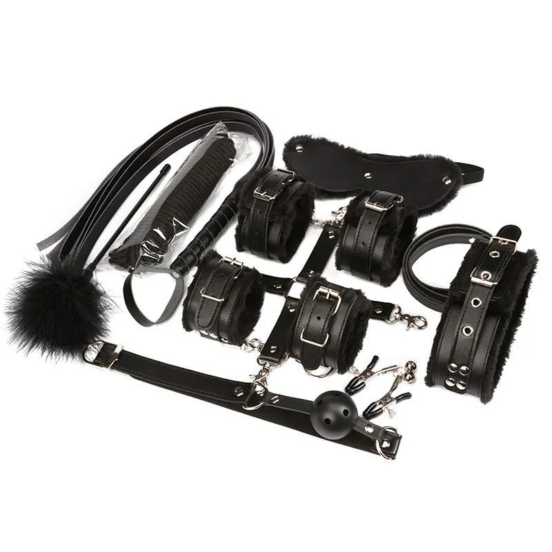 10 Pieces Fetish Sex Bondage Restraint Kit Games Erotic Toys for Couples Mask+Collar+Mouth Gag+Handcuffs+Whip+Nipple and others