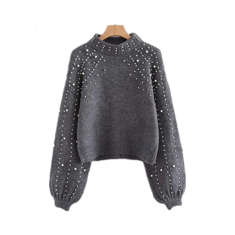 Moda otoño Jumper Mujer gris rebordear perla invierno suéter tejido Mujer linterna manga abrigo Sweter Mujer