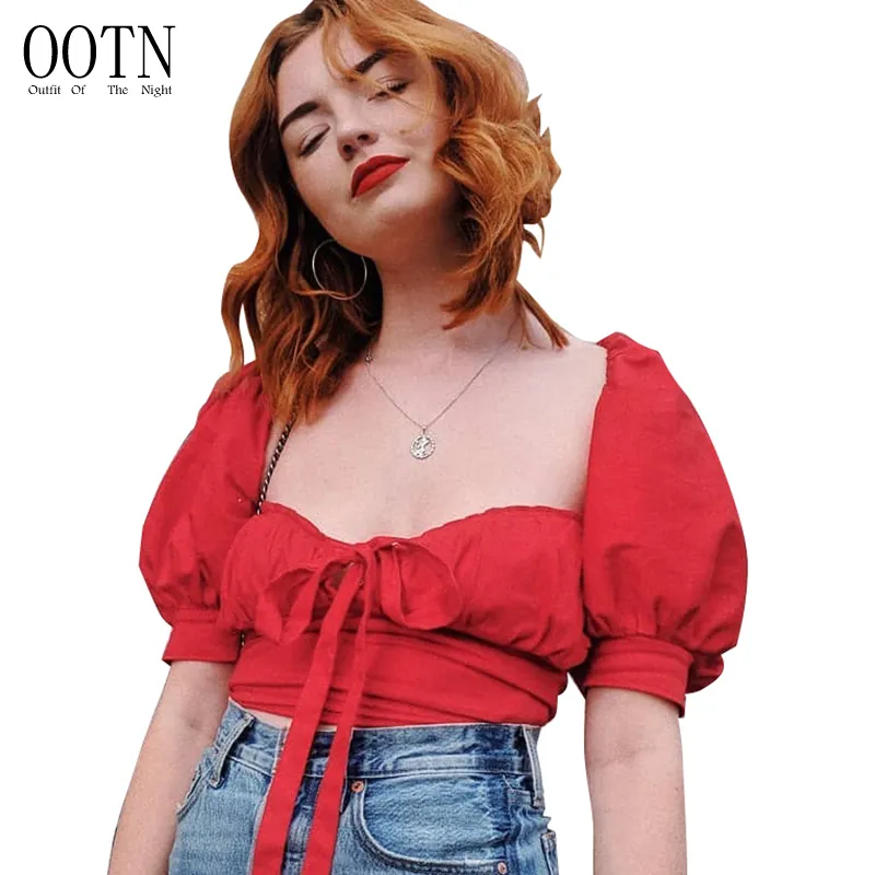 Women's Blouses & Shirts Puff Short Sleeve Crop Top Red Pink Blouse Women Off Shoulder Ruffle Sexy Tunic Summer 2022 Ladies Casual