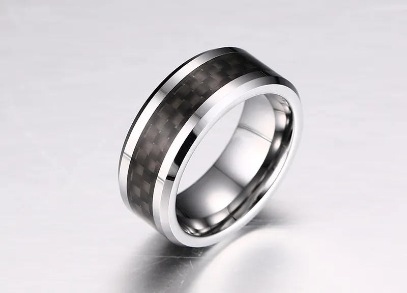 8mm Tungsten Steel Wedding Band Mens & Womens Tungsten Ring with Black Carbon Fiber Inlay Free Engraving