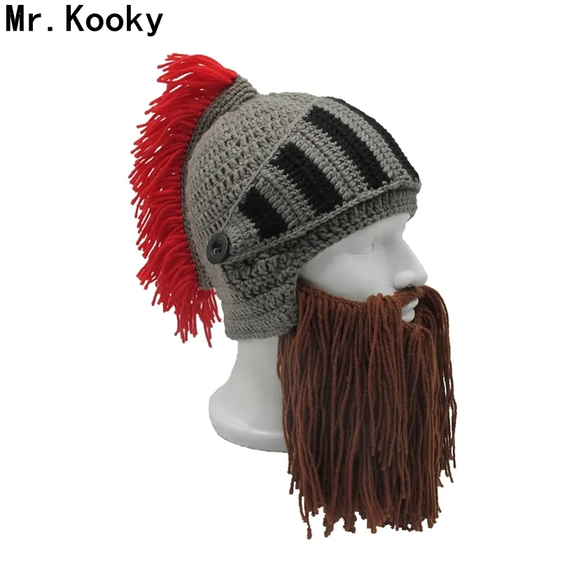 Mr.Kooky Red Tassel Cosplay Roman Knight Knit Helmet Męskie Czapki Oryginalny Barbarzyńca Handmade Winter Ciepłe Kapelusze Broda śmieszne Czapki C18103101