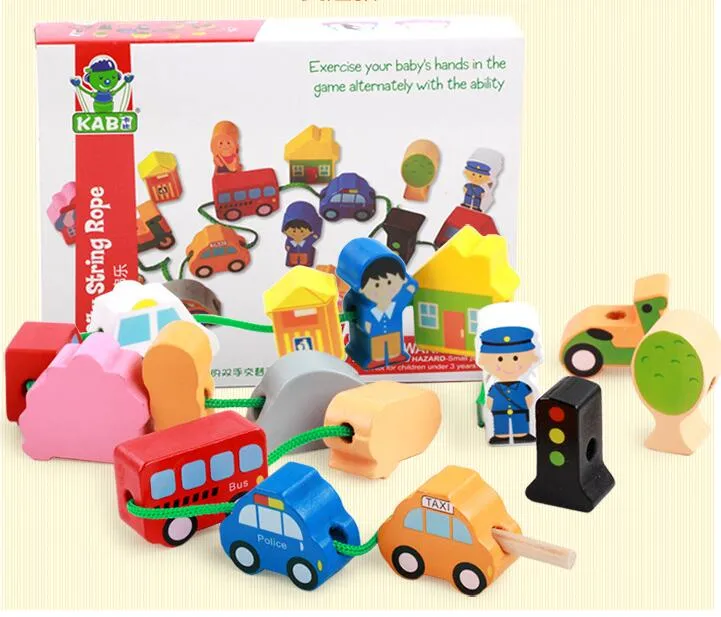 赤ちゃんのおもちゃ大型漫画農場/都市/キャラクタードレスストリングロープ木製おもちゃ子供教育ビーズおもちゃ誕生日プレゼント